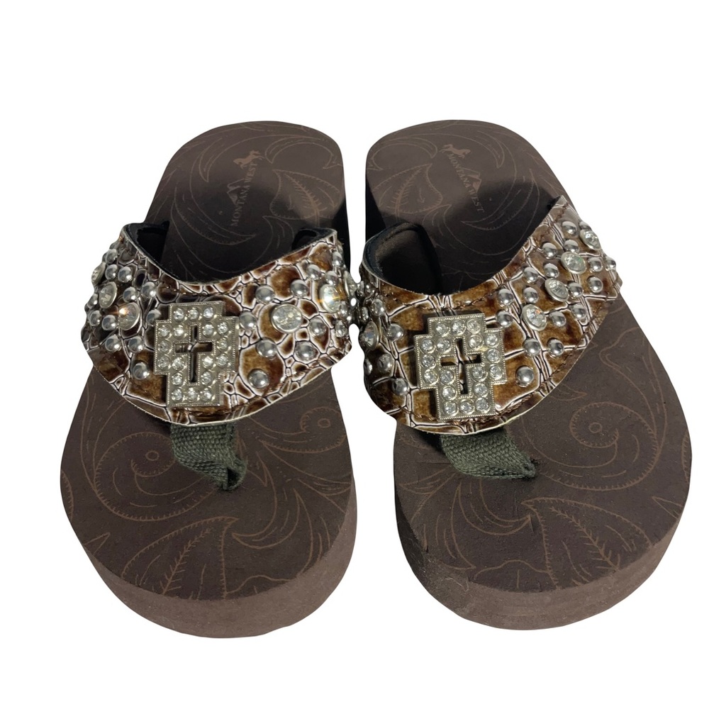 Montana West Youth Size SM Brown Flip Flops with Cross Embellishment & Faux Gems
